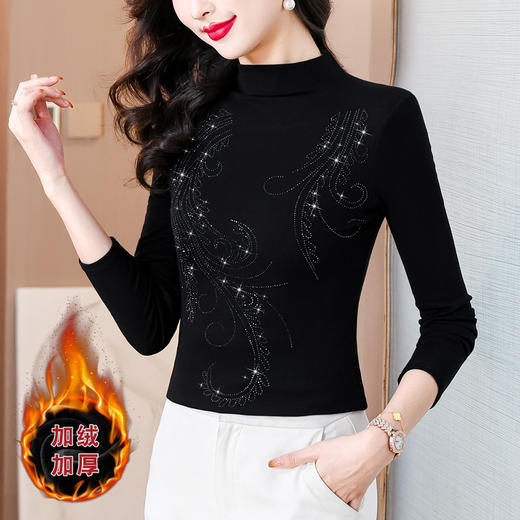KQL 711H1917烫钻凤尾花型加绒高领长袖T恤上衣 商品图1