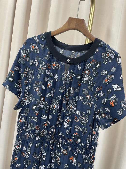 「断码清仓」藏青碎花收腰圆领显瘦真丝连衣裙 L码 ZFYY174 商品图5