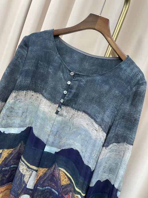 「断码清仓」艺术油画风复古建筑印花中袖真丝连衣裙 L码 ZFYY179 商品图1