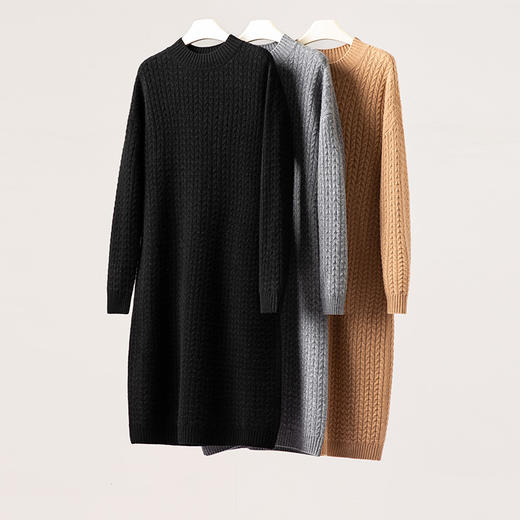 质感控入~100%纯山羊绒连衣裙女圆领绞花宽松针织裙CYR250432 商品图2