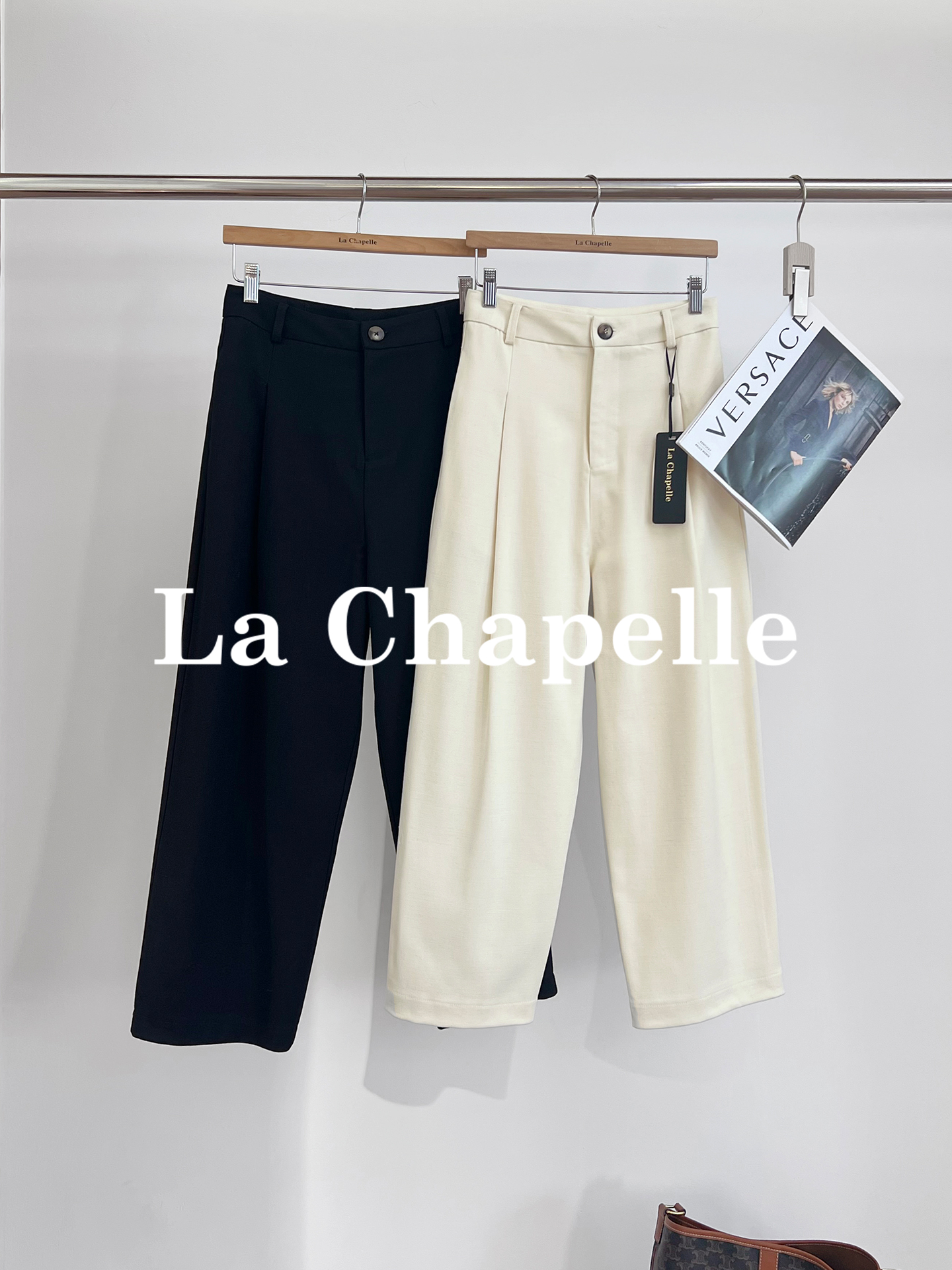 专柜实拍【进口高支棉~高克重】拉夏贝尔/La Chapelle高腰一粒扣九分休闲裤显瘦百搭直筒裤