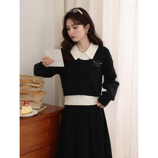 鹿向南「格雷奏曲」法式圆领黑色长袖毛衣秋冬新款时尚短款上衣女 商品图3