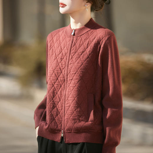 百媚生 菱格纹羊毛混纺棉服女小个子短款立领拉链外套NS-5267-100 商品图0