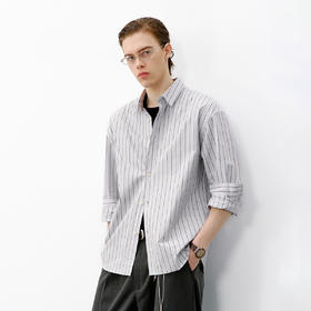 714street纯棉高密砂洗内搭长袖上衣2026春季新款条纹衬衫外套男