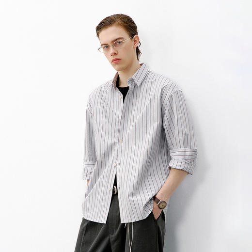 714street纯棉高密砂洗内搭长袖上衣2026春季新款条纹衬衫外套男 商品图0