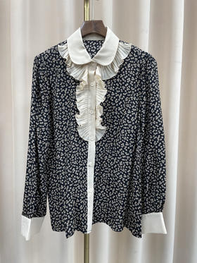 「断码清仓」法式复古碎花娃娃领木耳边拼接设计感真丝衬衣 L码 ZFYY173