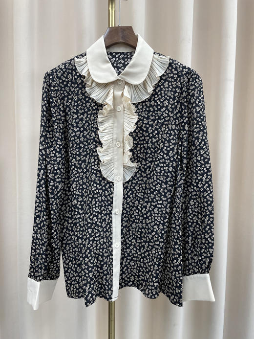 「断码清仓」法式复古碎花娃娃领木耳边拼接设计感真丝衬衣 L码 ZFYY173 商品图0