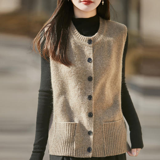丁摩 纯羊毛圆领针织马甲开衫无袖坎肩上衣YC-Y029 商品图1