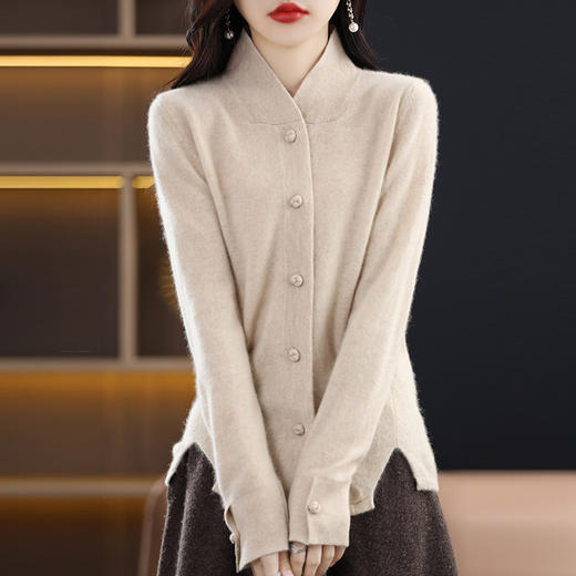 丁摩 100%纯羊毛开衫外套半高领宽松羊毛毛衣针织衫 商品图2
