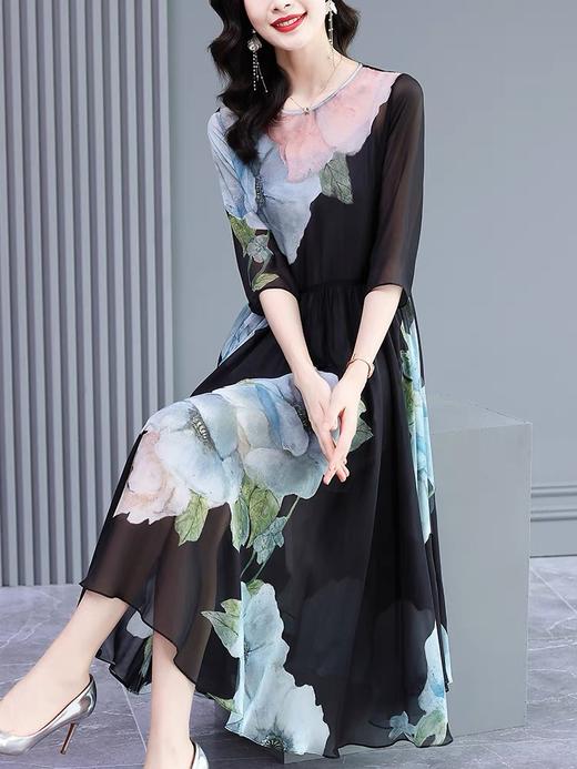 「断码清仓」中国风大花复古优雅真丝长裙 L码 ZFYY166 商品图1