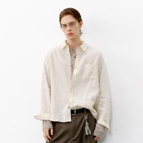 714street老钱风100%亚麻长袖衬衫男款2026春季宽松落肩休闲衬衣