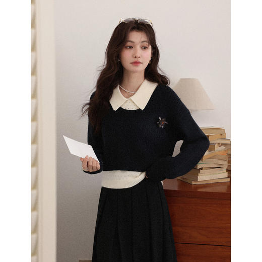 鹿向南「格雷奏曲」法式圆领黑色长袖毛衣秋冬新款时尚短款上衣女 商品图0