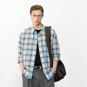 714street复古渐变格子长袖衬衫男2026春季新款纯棉宽松落肩衬衣