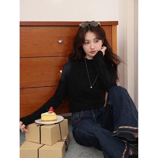 鹿向南「编织温柔」半高领杏色长袖针织衫t恤女秋冬新款内搭上衣 商品图4