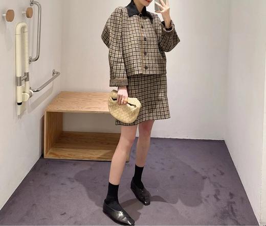 D121468老钱风复古时尚撞色翻领格纹针织开衫外套半身裙套装女 商品图4