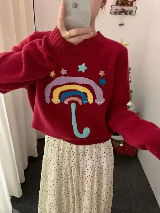 D121428圆领卡通毛巾绣圣诞新年红七色彩虹圆领针织衫毛衣 商品图2