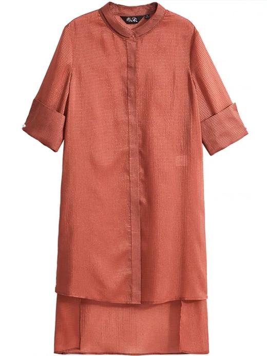 「断码清仓」复古暗格焦糖色不规则下摆雪纺衬衫裙 L码 ZFYY161 商品图2