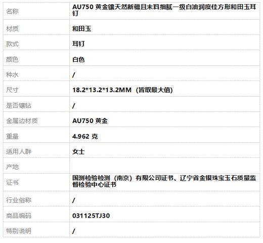 【天然正品】AU750黄金镶天然新疆且末料细腻一级白油润度佳方形和田玉耳钉18.2*13.2*13.2MM（皆取最大值）女士 031125TJ30 商品图6
