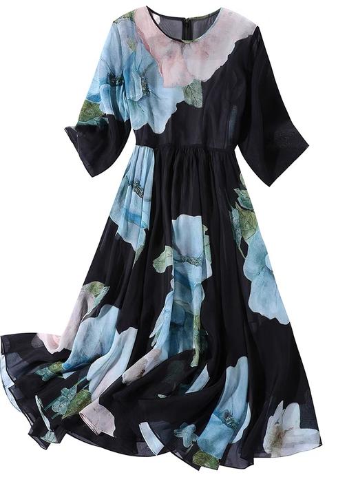 「断码清仓」中国风大花复古优雅真丝长裙 L码 ZFYY166 商品图3