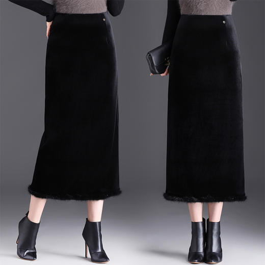 QYM 3586-Y丝绒拼结直筒半身裙中长款包臀裙厚款开衩半身裙 商品图1
