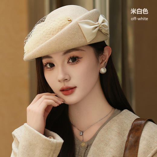 雀说 澳洲羊毛呢时装帽子女秋冬毡帽网纱礼帽贝雷帽THO-9383 商品图0