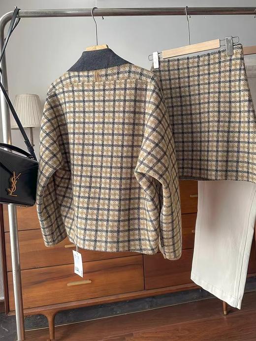 D121468老钱风复古时尚撞色翻领格纹针织开衫外套半身裙套装女 商品图10