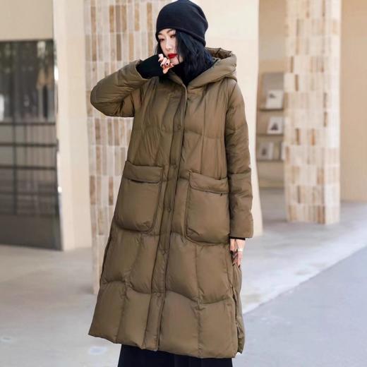 丁摩 白鸭绒过膝长款羽绒服简约连帽外套 商品图1