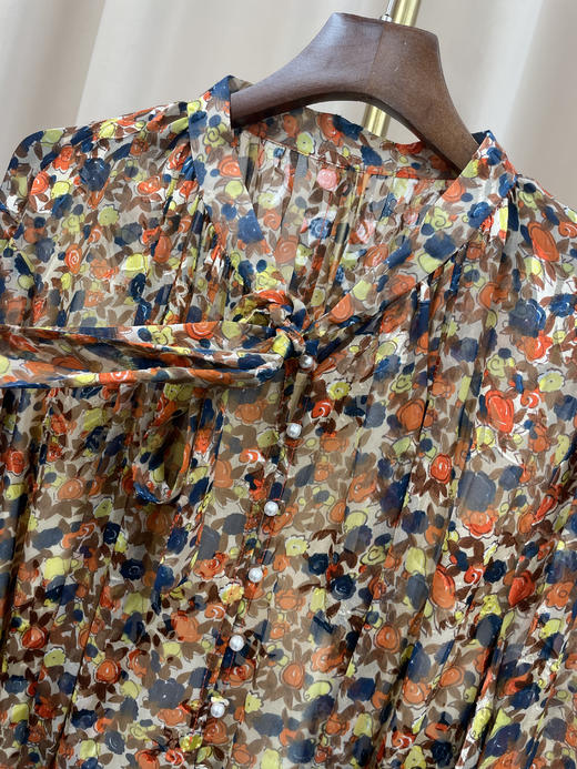 「断码清仓」法式复古碎花收腰桑蚕丝立领长裙 L码 ZFYY154 商品图1