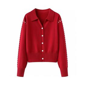 D121586法式红色设计感翻领针织开衫女2025新款新年软糯毛衣上衣