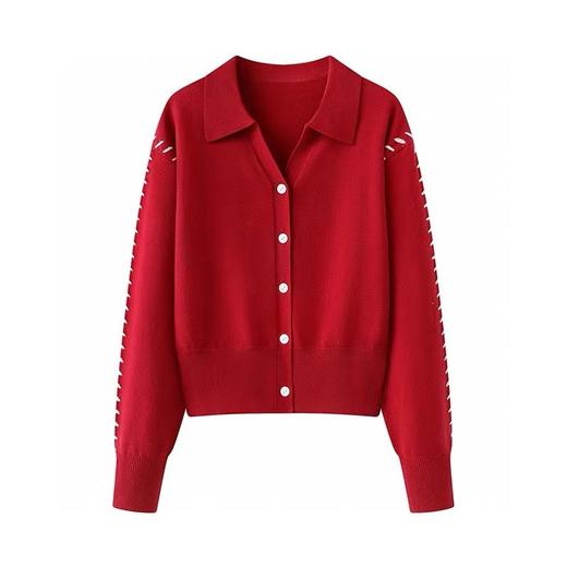 D121586法式红色设计感翻领针织开衫女2025新款新年软糯毛衣上衣 商品图0