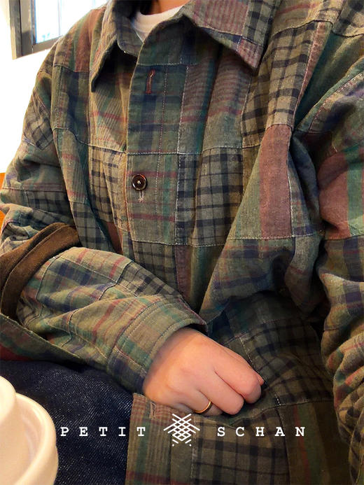 PETIT SCHAN小闪 CLO#995 Colorful 五颜六色 手工拼接印度棉百家布3M黑科技高效暖绒绗棉格纹衬衫外套 商品图5