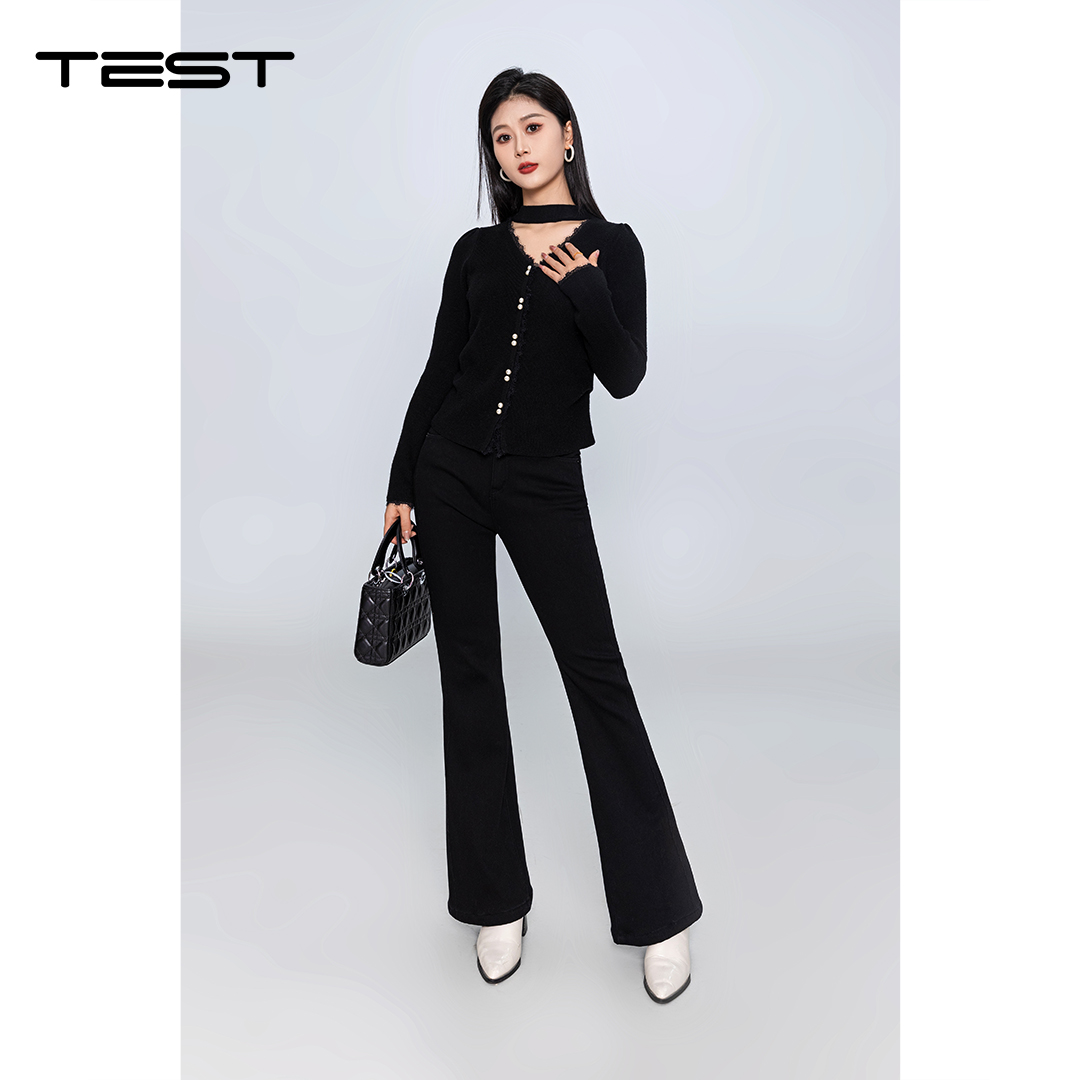 冬上新设计感挂脖蕾丝拼接针织上衣1254151