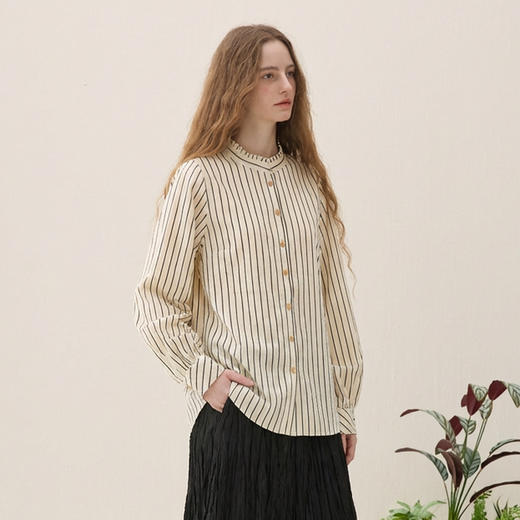 谜底条纹衬衫长袖2026春季新品优雅浪漫全棉廓形衬衣女265MC5023 商品图1