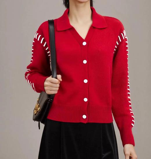 D121586法式红色设计感翻领针织开衫女2025新款新年软糯毛衣上衣 商品图5