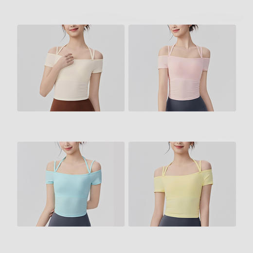 【限时秒】YOGACODE【火树银花系列】瑜伽服短袖带胸垫一体式健身上衣一字肩运动短袖t恤女DWY116022 商品图3