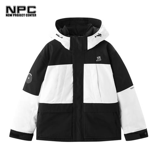 NPC潮牌左胸前小皇冠绣花黑白拼接连帽中长羽绒服NP28DJ49 商品图3