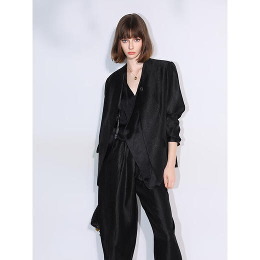 COCOBELLA职场通勤廓形气质黑色西裤女珠光人丝烟管裤PA547B 商品图2