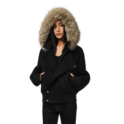 FDR 斜门襟连帽麂皮可拆卸毛领外套 商品图2