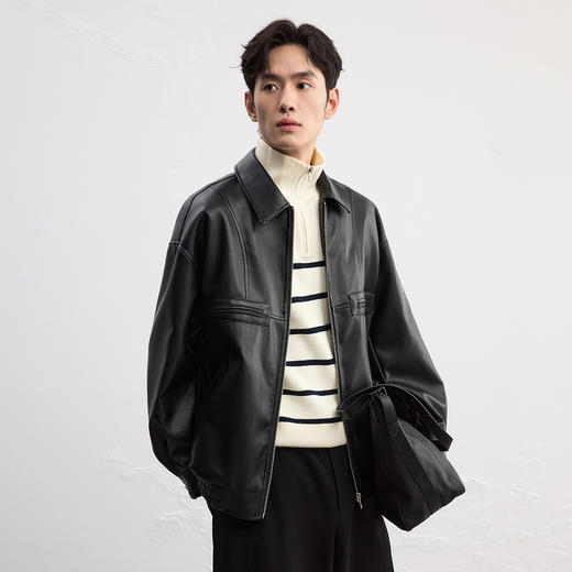 GXG男装【PU皮】25秋季时尚百搭复古简约通勤休闲男式翻领夹克K&C 商品图1