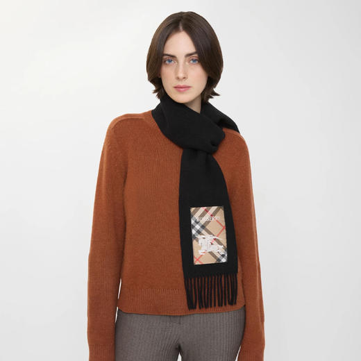 BURBERRY 巴宝莉 女士马术骑士徽标格子标签羊绒围巾 黑色 8116107 A1189 商品图2