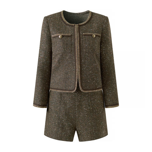 「高货wl」全新升级【铂金会员413/天猫559/差价146】(99031)洛诗琳2025秋冬金线人字纹羊毛呢外套高腰阔腿短裤两件套 商品图4