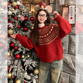 西遇绵羊毛费尔岛毛衫女2025冬季新款慵懒风宽松软糯红色毛衣SS060020