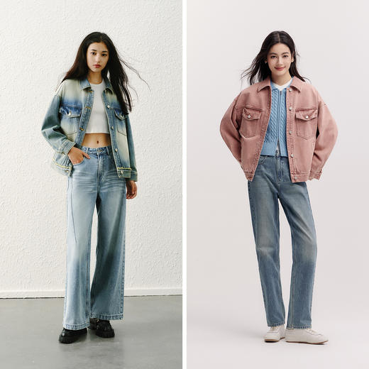 森柔|森马牛仔外套女春季翻领做旧宽松落肩衣服美式街头甜酷夹克 商品图4