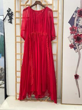 「断码清仓」喜庆红蕾丝拼接100%桑蚕丝真丝度假风连衣裙 L码 ZFYY217