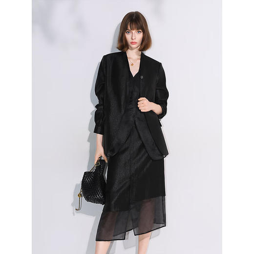 COCOBELLA珠光人丝半身裙女网纱拼接不规则开叉裙装HS3040-2 商品图3