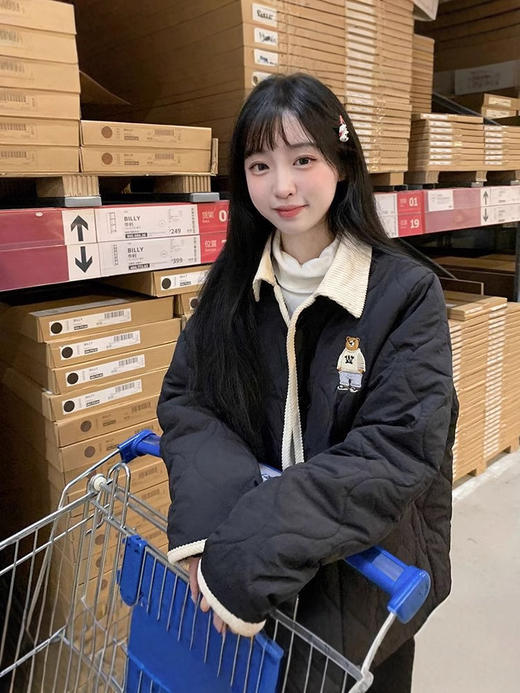 【可爱刺绣图案❗️温暖不压身】韩系小熊刺绣菱格棉服外套女2025冬季宽松时尚撞色拼接翻领棉衣女。jb 商品图2