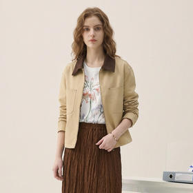 谜底撞色翻领外套长袖2026春季新品工装复古短款夹克女265MW5035