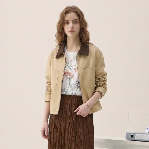 谜底撞色翻领外套长袖2026春季新品工装复古短款夹克女265MW5035 商品图0