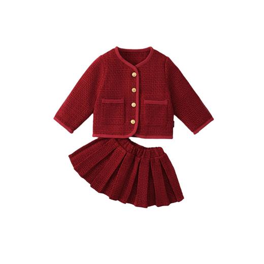 Hania2026年新年 女童夹棉加厚红色拜年服秋冬新款中小童韩版上衣百褶裙两件套90-140★ 商品图5