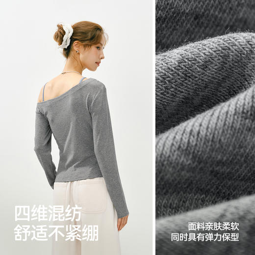 森马长袖T恤女春短款斜肩露肩字母紧身2026新款小性感设计感上衣 商品图2